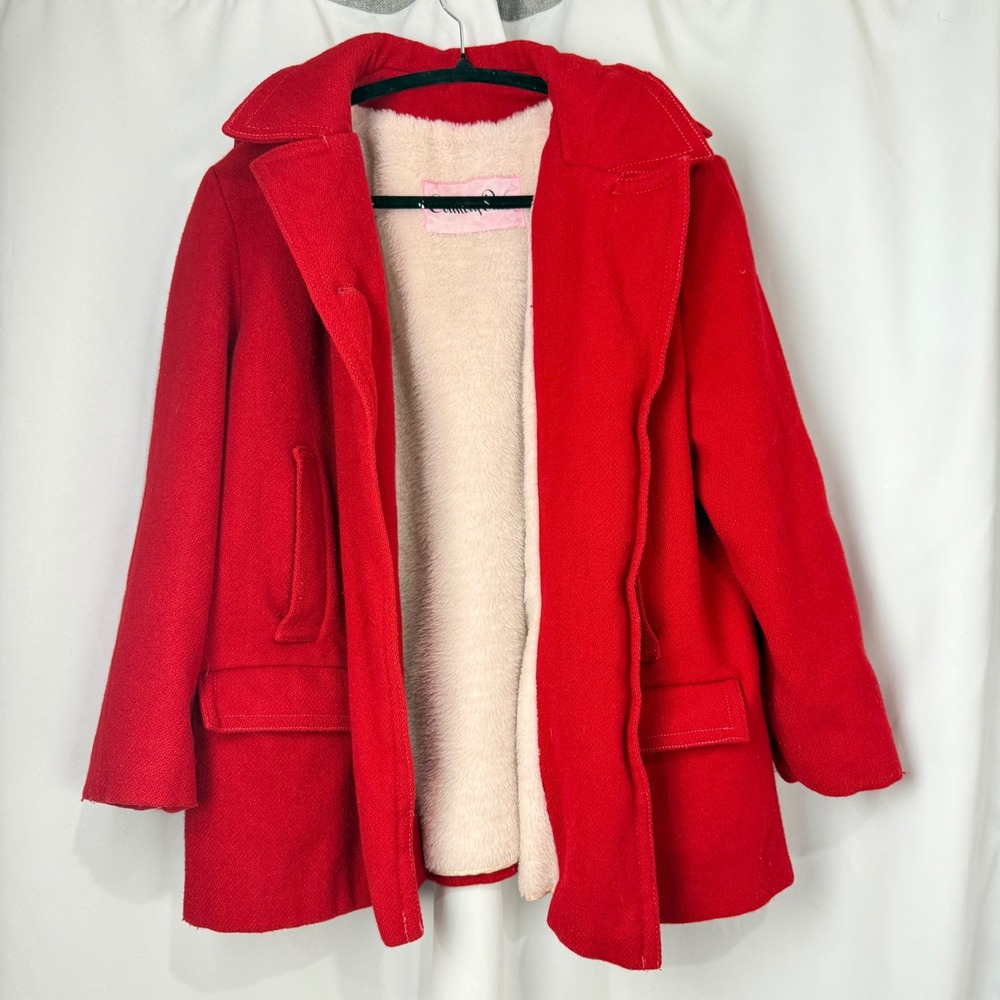 Vintage 1960s Red Wool Coat Sherpa Lined ILGWU USA Made Country Pacer Women's